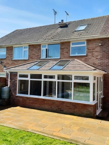 Tile Effect Roof, Skylights, Conservatory and White UPVC Windows & Doors